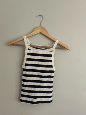 perfectwhitetee Navy and Cream Striped Ribbed Tank